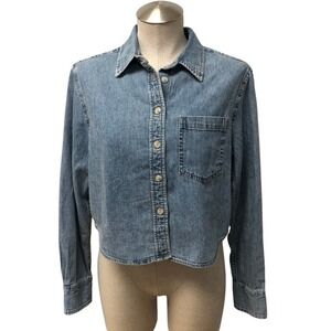 Denim Forum Button Down Shirt Womens XS Aritzia Light Blue Cropped Cotton Hemp